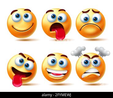 Set di caratteri vettoriali Smileys emoji. Emoji 3d smiley con espressioni come pazzo, felice e arrabbiato isolato in bianco sfondo per i personaggi emoticon. Illustrazione Vettoriale