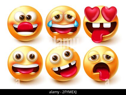 Set di vettori emoji smiley. Smileys 3d emoticon personaggi in divertenti, pazzi, piangendo e in amore espressioni facciali isolati in bianco sfondo per emoji. Illustrazione Vettoriale