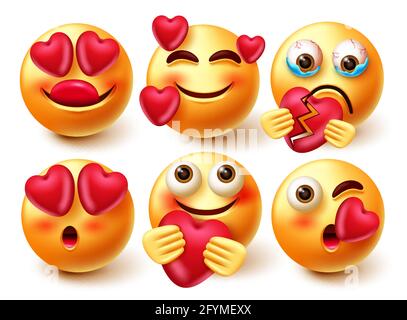 Smileys in amore emoji insieme vettoriale. Emoji 3D personaggio innamorato ed espressioni spezzate con posa come tenere, piangere e baciare per simpatiche emoji. Illustrazione Vettoriale