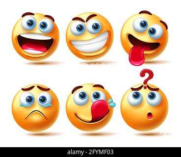 Set di vettori emoticon Smileys. Emoticon personaggi smiley 3d in Happy, smirk, teary eyed e confondere espressione per la collezione di personaggi emoticon. Illustrazione Vettoriale