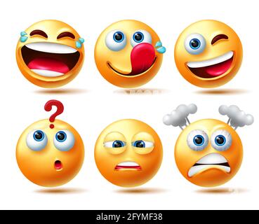 Set di vettori emoticon Smileys. Emoticon personaggi smiley 3d in risata, pensiero ed espressioni yummy per emoticon collezione di personaggi emozionali. Illustrazione Vettoriale