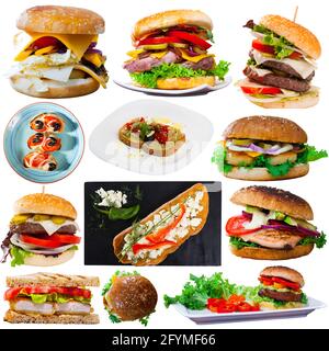 Set di vari piatti fast food - hamburger e panini isolati su sfondo bianco Foto Stock