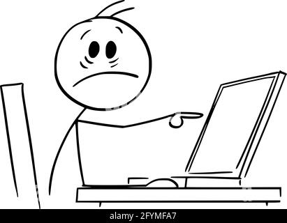 Persona scioccata che lavora in ufficio e punta a computer Display, Vector Cartoon Stick Figura Illustrazione Illustrazione Vettoriale