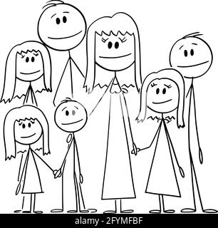 Ritratto di Big Happy Family con cinque figli, illustrazione di Vector Cartoon Stick Figure Illustrazione Vettoriale