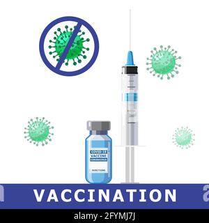 Covid-19 banner di concetto del vaccino del coronavirus. Strumento di iniezione a siringa per il trattamento di immunizzazione e il flacone di vaccino. Trattamento, prevenzione o lotta Illustrazione Vettoriale