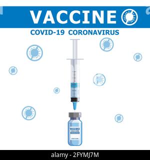 Covid-19 banner di concetto del vaccino del coronavirus. Strumento di iniezione a siringa per il trattamento di immunizzazione e il flacone di vaccino. Trattamento, prevenzione o lotta Illustrazione Vettoriale