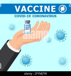 Flacone di contenimento per mano vaccino Coronavirus. Trattamento, prevenzione o lotta contro il coronavirus covid-19. Immagine vettoriale modello poster isolato Illustrazione Vettoriale