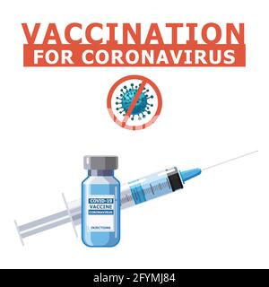 Covid-19 banner di concetto del vaccino del coronavirus. Strumento di iniezione a siringa per il trattamento di immunizzazione e il flacone di vaccino. Trattamento, prevenzione o lotta Illustrazione Vettoriale