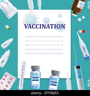 Concetto di modello di poster di vaccinazione, posizione di testo. Bianco bianco, siringa, compressa, pillole, termometro. Cure mediche, preventazione sanitaria e. Illustrazione Vettoriale