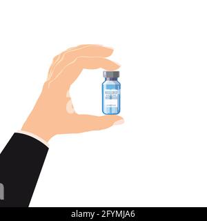 Flacone di contenimento per mano vaccino Coronavirus. Trattamento, prevenzione o lotta contro il coronavirus covid-19. Immagine vettoriale modello poster isolato Illustrazione Vettoriale