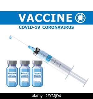 Covid-19 banner di concetto del vaccino del coronavirus. Strumento di iniezione a siringa per il trattamento di immunizzazione e il flacone di vaccino. Trattamento, prevenzione o lotta Illustrazione Vettoriale