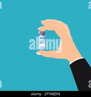 Flacone di contenimento per mano vaccino Coronavirus. Trattamento, prevenzione o lotta contro il coronavirus covid-19. Immagine vettoriale modello poster isolato Illustrazione Vettoriale