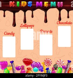 Menu per bambini caramelle, dolci diversi bonbon, lecca, cioccolato, gelatina. Menu modello per caffe, cafeteris, illustrazione vettoriale, stile cartoon Illustrazione Vettoriale