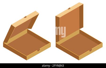 Scatole di cartone aperte isometriche per pizza, consegna. Modello di imballaggio, design piatto. Vettore Illustrazione Vettoriale