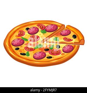 Pizza isometrica con fettina e ingredienti pomodoro, salame, formaggio, funghi. Illustrazione vettoriale Illustrazione Vettoriale