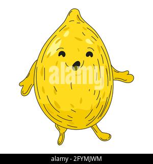 Limone mano alba schizzo frutta carino personaggio cartone animato. Illustrazione vettoriale Illustrazione Vettoriale