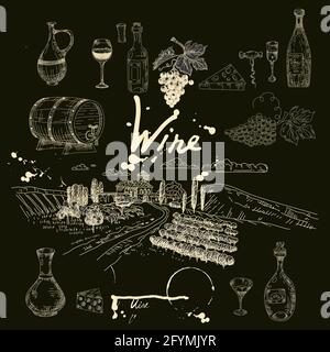 Collezione prodotti del vino e vigneto Scetch disegnato a mano. Uva, barile di legno, bottiglie, chee, vetro, cavatappi testo illeggibile in stile vintage. Vettore Illustrazione Vettoriale