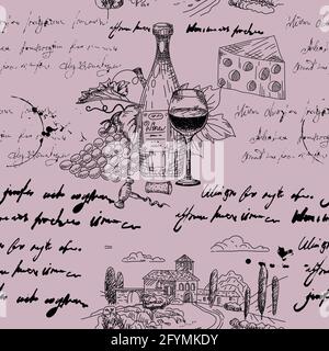 Motivo senza cuciture vino ramche, bottiglie, bicchieri, vigneto, testo illeggibile, fusto in legno, chee, cavatappi. Disegno a mano dello schizzo Doodle. Vettore Illustrazione Vettoriale