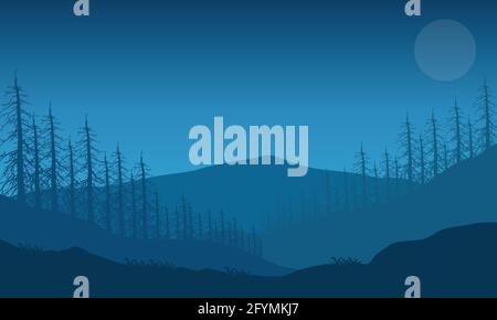 Vista sulle montagne con una foresta realistica di notte dai sobborghi. Illustrazione vettoriale di una città Illustrazione Vettoriale