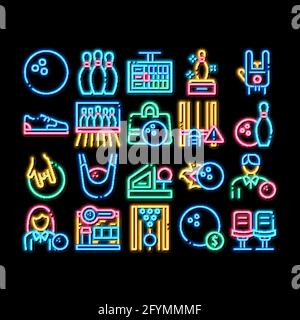 Giochi di bowling Strumenti al neon bagliore icona illustrazione Illustrazione Vettoriale