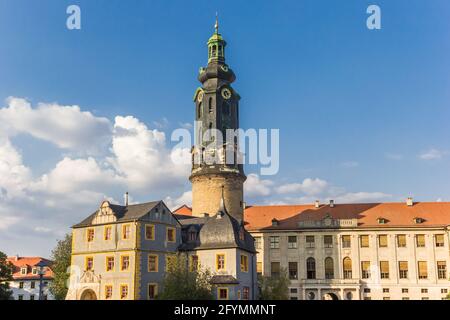 Torre del palazzo storico della città di Weimar, Germania Foto Stock