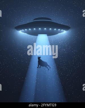 UFO che si accende mucca, illustrazione Foto Stock