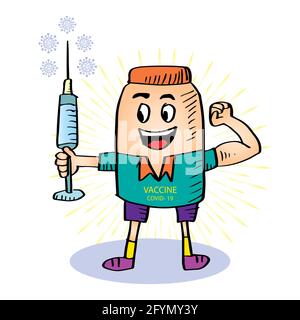 Cartoon personaggio mascotte vaccinazione prevenzione delle malattie concetto e protezione contro coronavirus o covid 19 Foto Stock