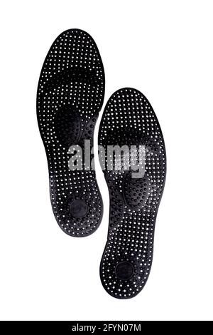 Solette ortopediche nere per scarpe atletiche isolate su sfondo bianco Foto Stock