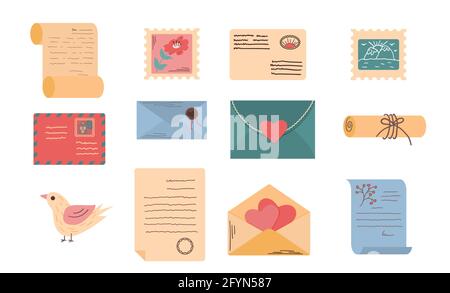 Buste colorate con lettere, postmark e posta elettronica vettoriali isolati, illustrazione piatta Illustrazione Vettoriale