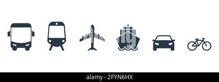 Set di icone per il trasporto. Aeroplano, autobus pubblico, bici, treno, nave e auto cartelli. Collezione di silhouette nera per il trasporto. Illustrazione Vettoriale