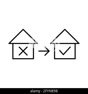 Casa con segno di spunta icona Sì e No. Segno ipotecario lineare. Simbolo di appartamento per approvazione e rifiuto. Illustrazione Vettoriale