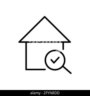 Casa con icona segno di spunta. Pittogramma lente di ingrandimento realtor. Accetta casa con lente d'ingrandimento simbolo di contorno Illustrazione Vettoriale