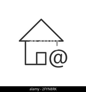 Icona Home. Pittogramma nero della casa con il segno di email. Concetto di indirizzo di casa. Simbolo della silhouette della costruzione. Illustrazione Vettoriale