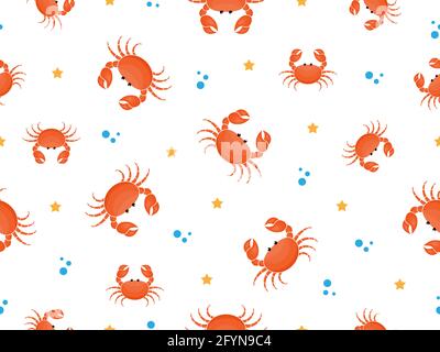 Crab cute motivo sfondo. Frutti di mare senza cuciture modello. Immagine vettoriale sott'acqua su bianco Illustrazione Vettoriale