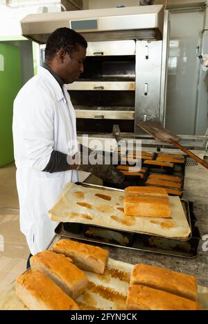 Abile panettiere afroamericano che preleva pane caldo appena sfornato dalle muffe da forno in una piccola panetteria Foto Stock