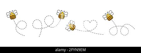 Graziose api con percorso punteggiato. Illustrazione vettoriale isolata in bianco Illustrazione Vettoriale