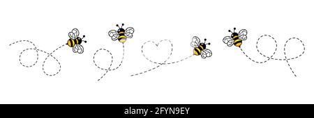Graziose api con percorso punteggiato. Illustrazione vettoriale isolata in bianco Illustrazione Vettoriale