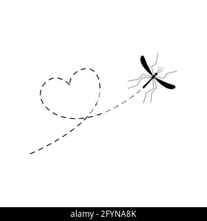 Set di icone di zanzara. Zanzare che volano su un percorso punteggiato. Illustrazione vettoriale isolata su sfondo bianco Illustrazione Vettoriale