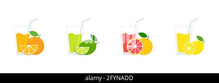 Succhi di frutta cocktail nella collezione di bicchieri. Set di bevande all'arancia, al pompelmo, al limone e al lime. Illustrazione Vettoriale