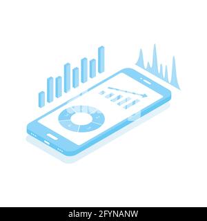 Telefono cellulare e infografica di analisi. Grafico aziendale e diagramma sullo smartphone. Vettore isolato su bianco Illustrazione Vettoriale