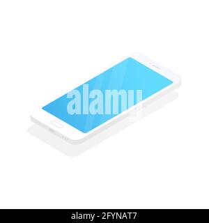 Telefono bianco isometrico. telefono cellulare 3d con schermo blu vuoto gradiente. Concetto di tecnologia digitale. Illustrazione Vettoriale