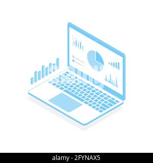 Computer portatile isometrico e infografica di analisi. Apri un notebook moderno con big data. Dispositivo portatile per computer 3d. Illustrazione Vettoriale