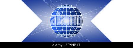 Striscione orizzontale blu e bianco. Icona del globo isolata su sfondo blu. Meridiani bianchi e paralleli. I raggi irradiano dal centro del globo. Vettore Illustrazione Vettoriale