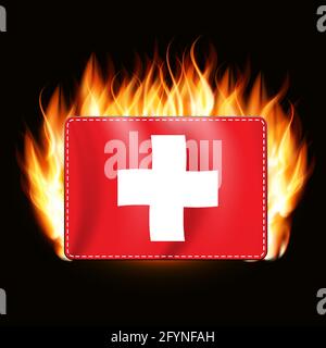 Сoncept bandiera svizzera sul fondo del fuoco. Simbolo del paese. Illustrazione vettoriale Illustrazione Vettoriale