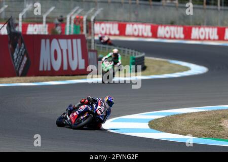 Estoril, Portogallo. 29 maggio 2021. Il turco Toprak Razgatlioglu di Pata Yamaha con Brixx WorldSBK corre durante la superpole del Campionato Mondiale FIM Superbike WorldSBK Estoril Round al circuito Estoril di Cascais, Portogallo, il 29 maggio 2020. Credit: Pedro Feuza/ZUMA Wire/Alamy Live News Foto Stock