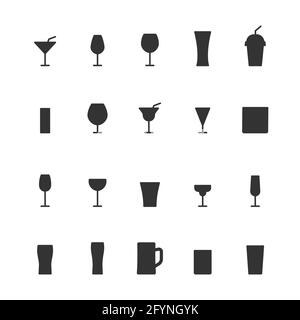 Le icone in vetro impostano le silhouette. Collezione di bevande con simbolo nero. Cocktail diversi. Vettore isolato su bianco Illustrazione Vettoriale