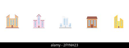 Icona di costruzione grande insieme. Edifici moderni e simbolo della tenuta, collezione colorata. Vettore isolato su bianco Illustrazione Vettoriale