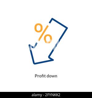 Icona a basso costo di profitto. Riduzione costo diminuzione percentuale profitto segno di riduzione Illustrazione Vettoriale