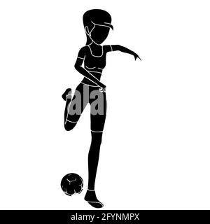Silhouette di una donna cartone animato che calcia una palla mentre si gioca a calcio illustrato su sfondo bianco Foto Stock