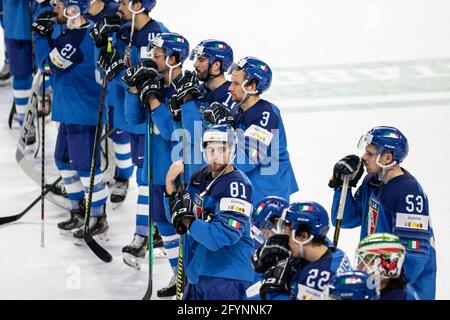 Team Italy durante il Campionato del mondo 2021 - Italia vs Kazakistan, hockey su ghiaccio a riga, Lettonia, maggio 29 2021 Foto Stock